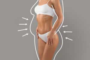 Woman in white bikini with arrows around her, illustrating places she had body contouring